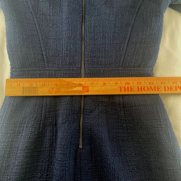 J. Crew Navy Textured Sheath Dress Fringed Hem 3/4 Sleeve Pockets Rear Slit 2 - Picture 5 of 12